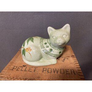 Porcelain Green Cat With Bambo Painting Some Crazing 7” Long GUC